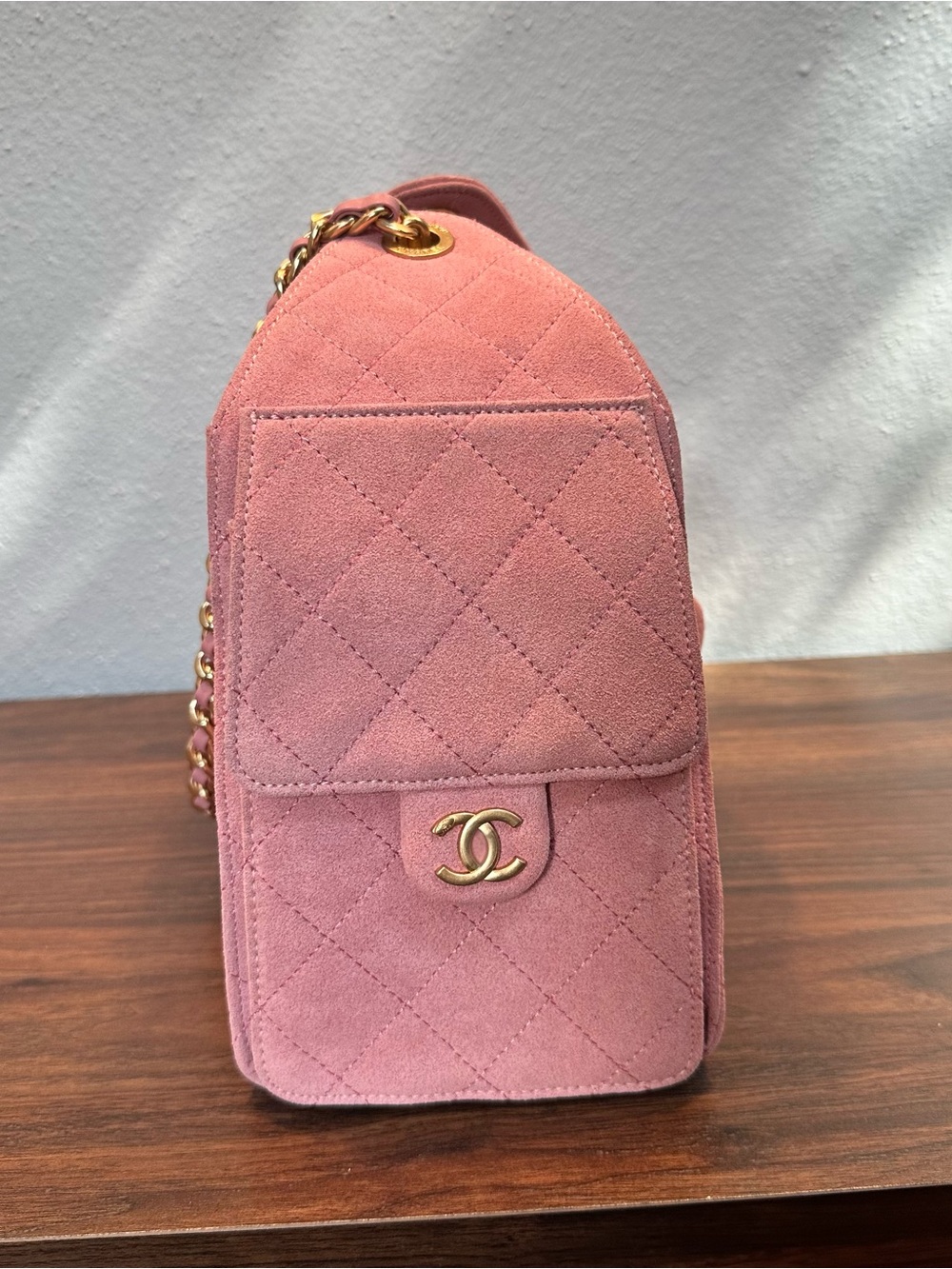 RARE CC 25 Baby Pink Small Suede Quilted Drawstring Chain Shoulder Bag - Picture 3 of 16